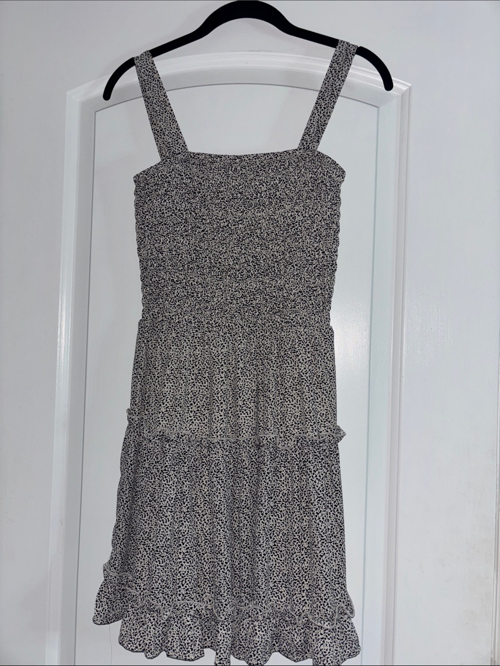 Smocked Tiered Mini Dress in Black & White Ditsy Print